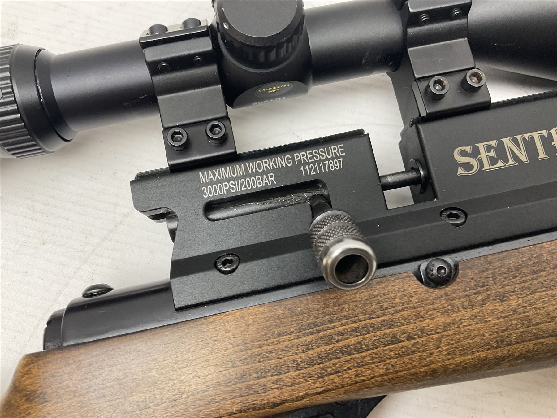 Lee Enfield Sentry Model 705 .22 cal. PCP rifle, with Nikko Stirling Mountmaster 4-12 x 50 scope and wooden stock with pistol grip; serial  no.112117897, L104.5cm overall; in soft carrying case  NB: AGE RESTRICTIONS APPLY TO THE PURCHASE OF AIR WEAPONS.