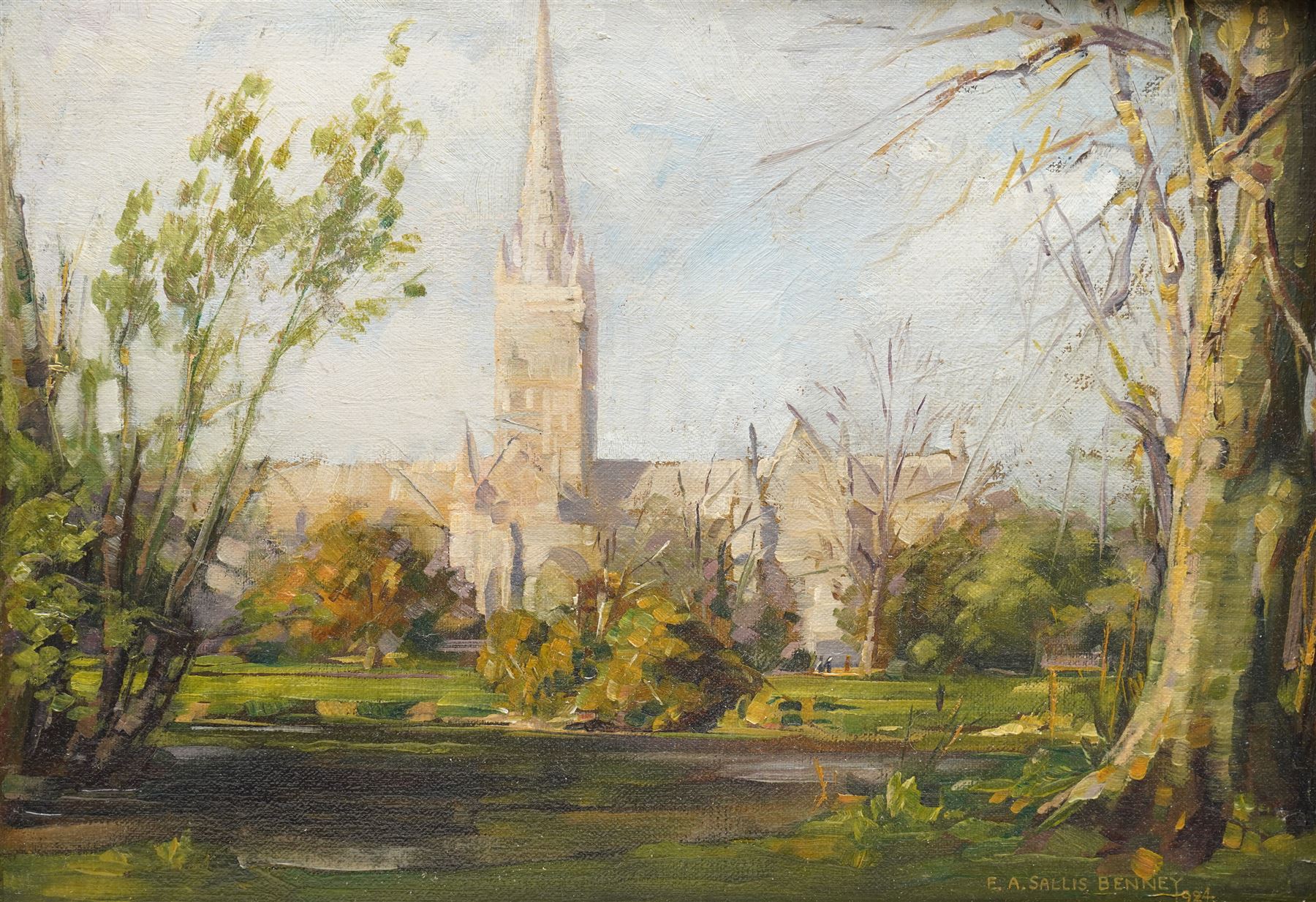Ernest Alfred Sallis Benney (British 1894-1966): 'Salisbury Cathedral', oil on board signed and dated 1924, inscribed verso 25cm x 35cm