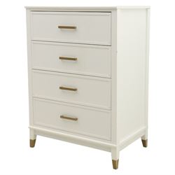 Dorel Home - Modern chest of drawer, white painted rectangular top above, four drawers with bronze metal handles, on tapered supports 