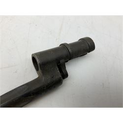 British Pattern 1876 socket bayonet with 43cm steel triangular blade L52cm overall; another socket bayonet with cruciform blade; No.4 Mk.II spike bayonet in metal scabbard with webbing frog; and 1955 Army jack knife by J.H. Thompson Sheffield (4)