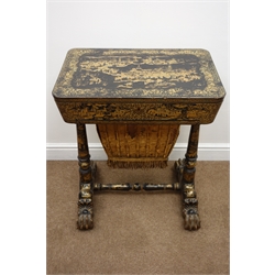  19th Century black lacquered sewing table, with all over gilt chinoiserie decoration to the outside and inside, depicting buildings and figures in a river landscape, the hinged rounded oblong top opening to reveal and fitted interior of open and lidded compartments and lift out tray well stocked with Cantonese carved ivory fittings including bobbins and threadholders, pierced compartment covers, table mounting pin cushion etc, over a pull-out well with pleated cloth covering, two tapering turned supports with matching stretcher and four carved hairy paw feet. W63cm H76cm D43cm  