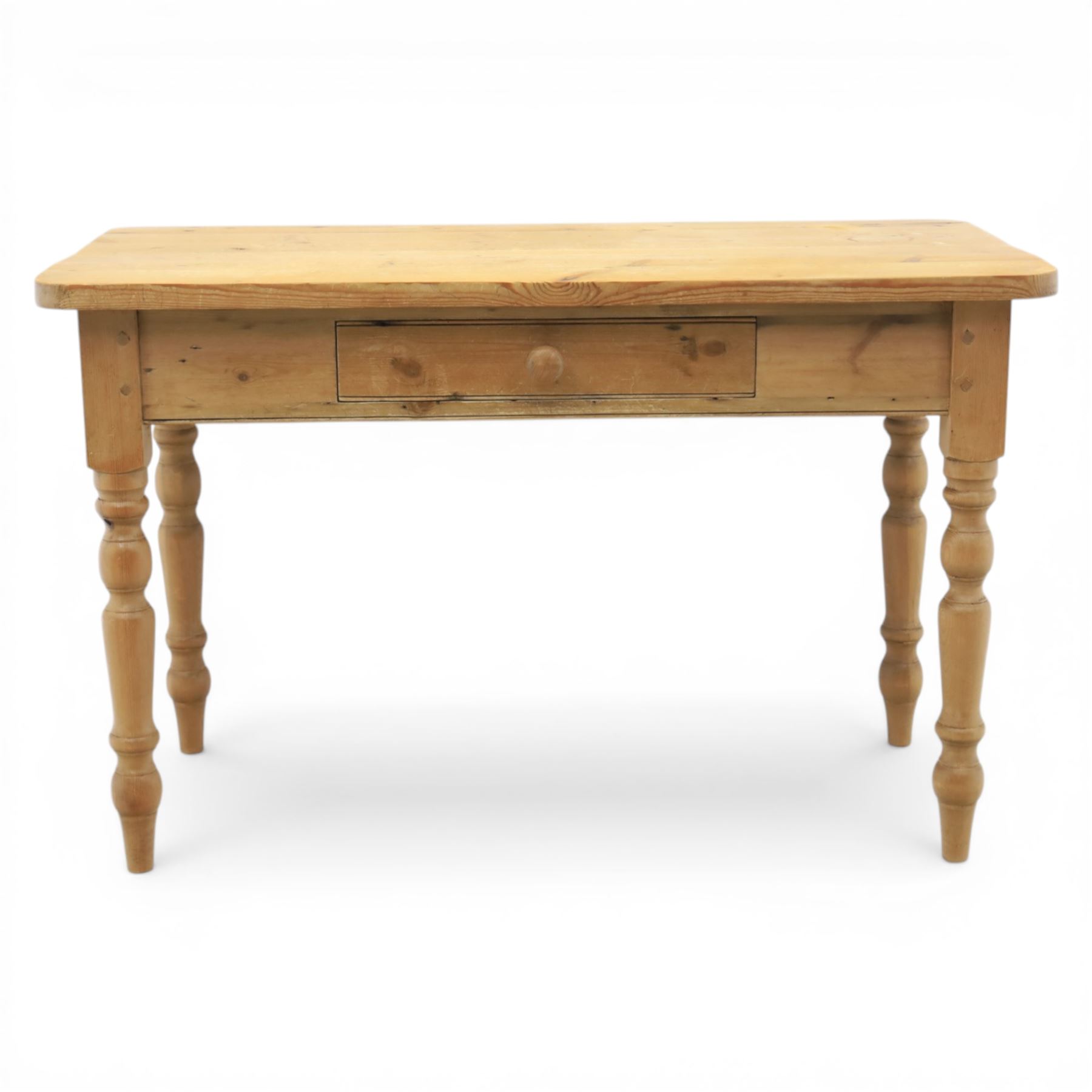 Victorian design stripped pine table, rectangular top with rounded corners, single centre drawer, raised on four turned legs