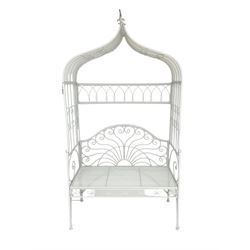 White finish wrought metal garden arbour bench, arched trellis top with scrolling design, lunette style back 