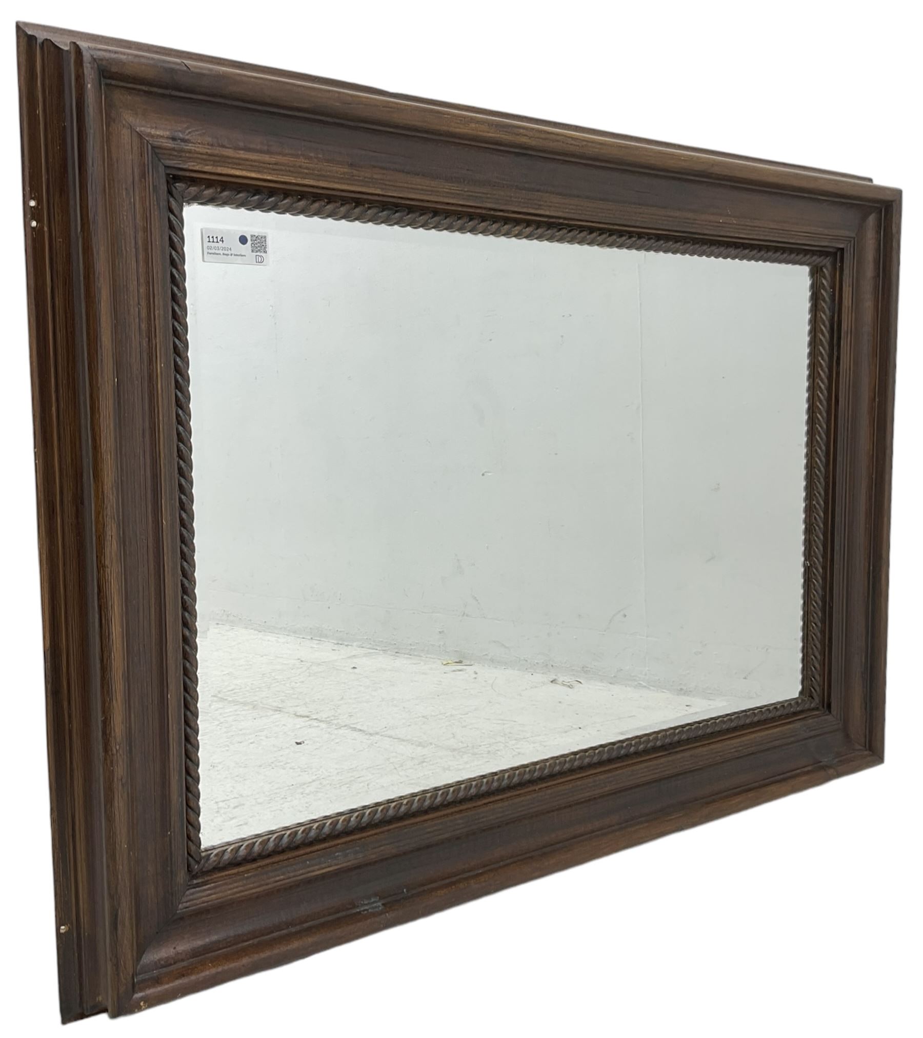 19th century design scumbled pine wall mirror, rectangular bevelled plate with rope-twist slip