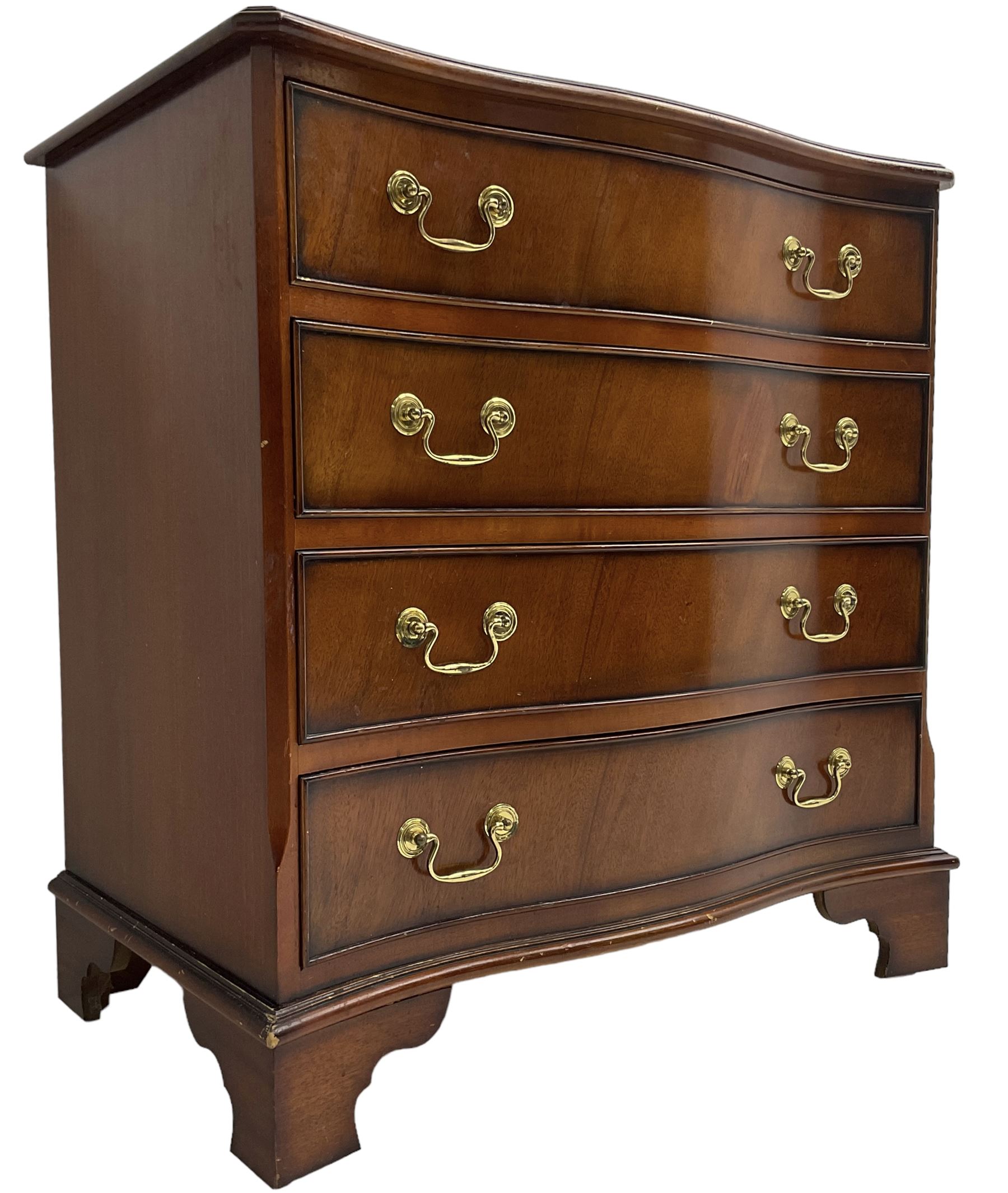Georgian design mahogany serpentine chest, moulded top over four cock-beaded drawers, on bracket feet
