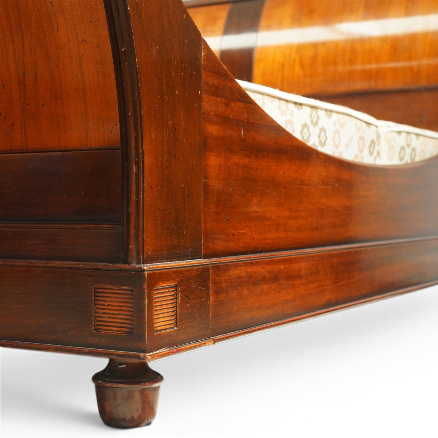 And So To Bed - super king size 'Palais' sleigh bed, with curved headboard and footboard, figured veneer panels, contrasting inlaid-style banding and upholstered base panels
