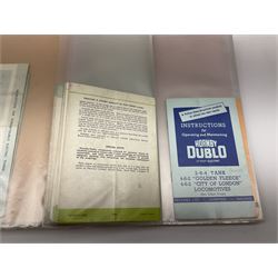 Modern loose leaf binder containing over sixty 1940s - 1960s Hornby Dublo booklets and paper ephemera for Railway Layout Suggestions, Locomotive Instructions, Accessories Instructions, price lists, toy shop receipts, Hornby Railway Company publications etc