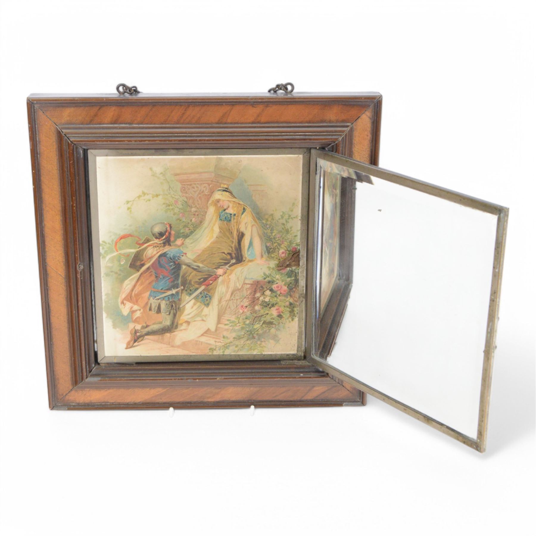Framed folding mirror, the two fold out mirrors with chromolithographic scenes to the verso, H30cm