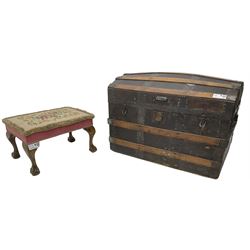 Victorian travelling trunk, hinged domed top, bound in etched leather and wooden slats with wrought metal fittings (W77cm, H54cm, D47cm); small 20th century stained beech footstool with floral needlework seat, on cabriole feet (48cm x 33cm, H29cm)
