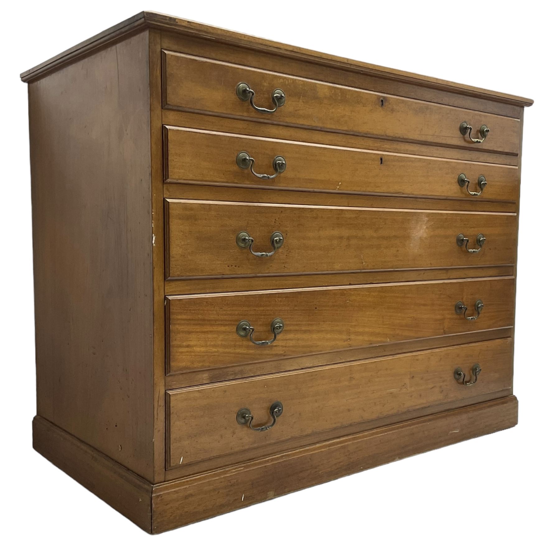 20th century mahogany plan chest, moulded rectangular top over five graduating drawers, on moulded plinth base