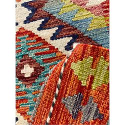Chobi Kilim rug, multi-colour ground with orange border, overall geometric design 
