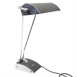 Eileen Gray (Irish, 1878–1976) for JUMO - black and chrome table lamp, curved rectangular shade with chrome end plates, supported on twin chrome rods over shaped black and chrome base with push switch, with 2025 PAT certificate, H45cm 