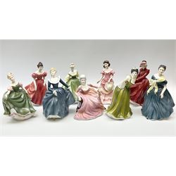 A group of eight Royal Doulton figures, comprising Simone HN2378, Amy HN3854, Fragrance HN2334, Louise HN3207, Adrienne H2304, Michele HN2234, Fine Lady HN2193, Winsome HN2220 and a Coalport figure, Polly. 