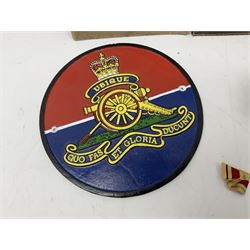 Collection on military items, including John Player & Sons Military Uniforms of the British Overseas, medal ribbon, ceramics and a reproduction metal plaque 