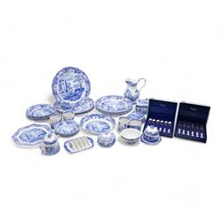 Copeland Spode Italian tableware to include four large bowls, jug, octagonal plate, four other larger plates, ten bowls of various sizes, butter dish, preserve jar, toast rack, set of six teaspoons and six pastry forks etc, all with black backstamps 