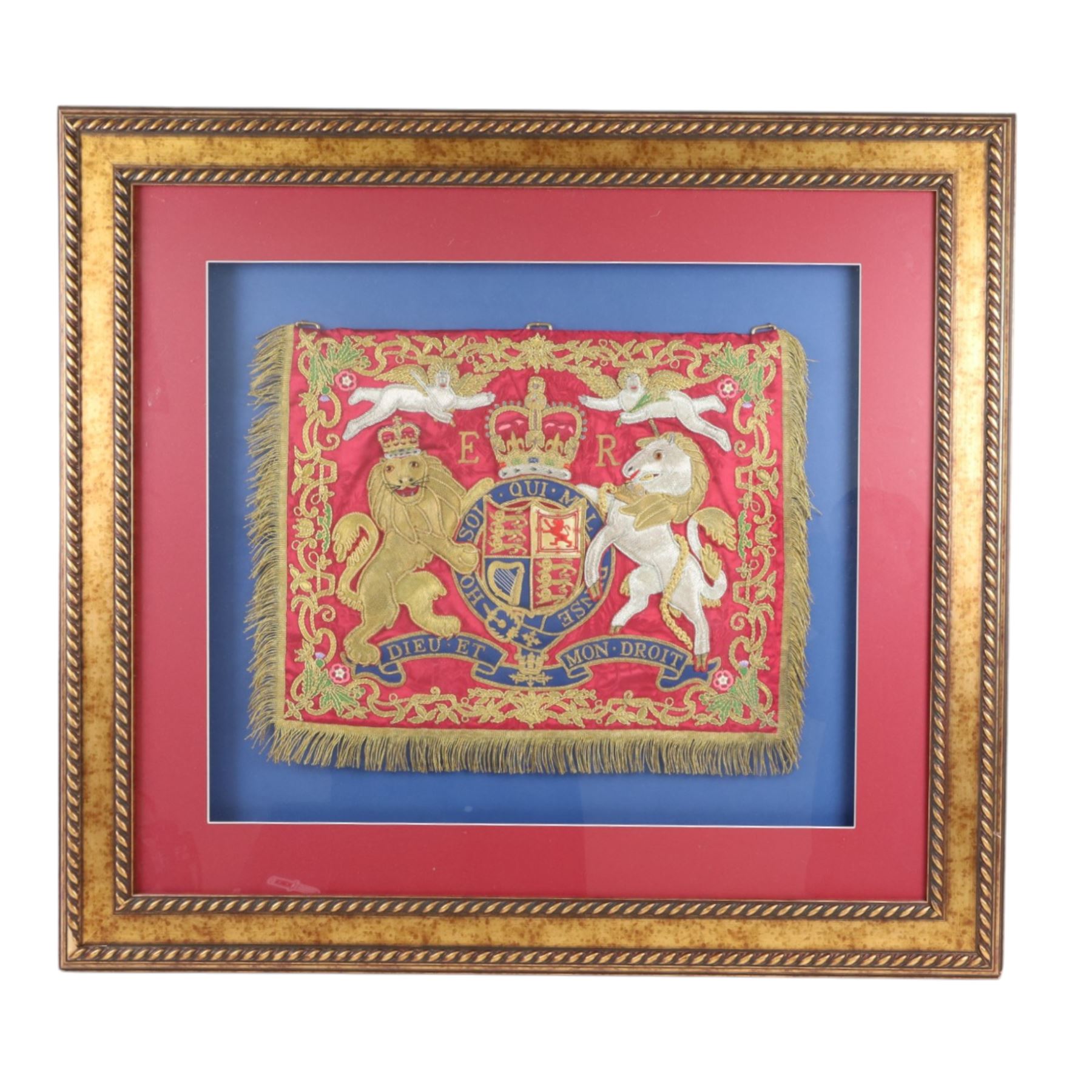 Elizabeth II Household Cavalry State Trumpeters, ceremonial trumpet banner framed, H86cm, L93cm