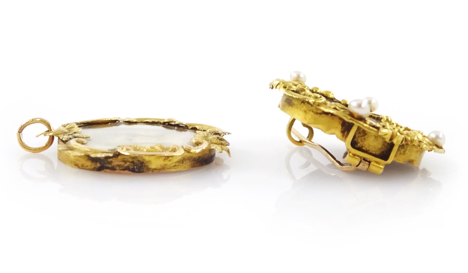 19th century gold pearl portrait brooch and similar pendant, each set with a miniature of a woman, on ivory, within gold scrolled frames. This lot has been registered for sale under Section 10 of the APHA Ivory Act