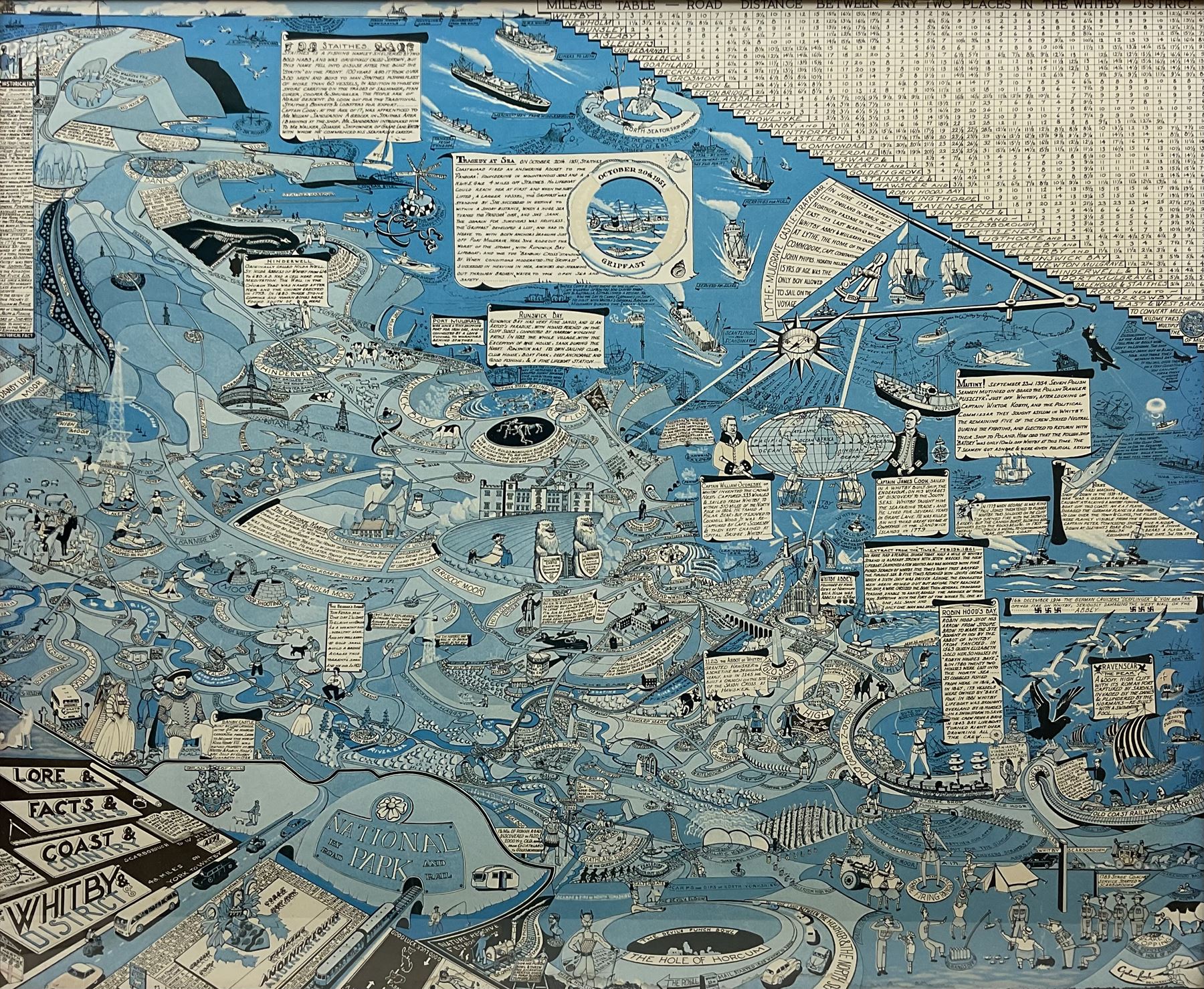 After Graham Leach (British 20th century): 'Lore & Legends, Facts & Figures, Coast & Country of Whitby & District', c.1950s colour map with annotations and distance table 71cm x 85cm