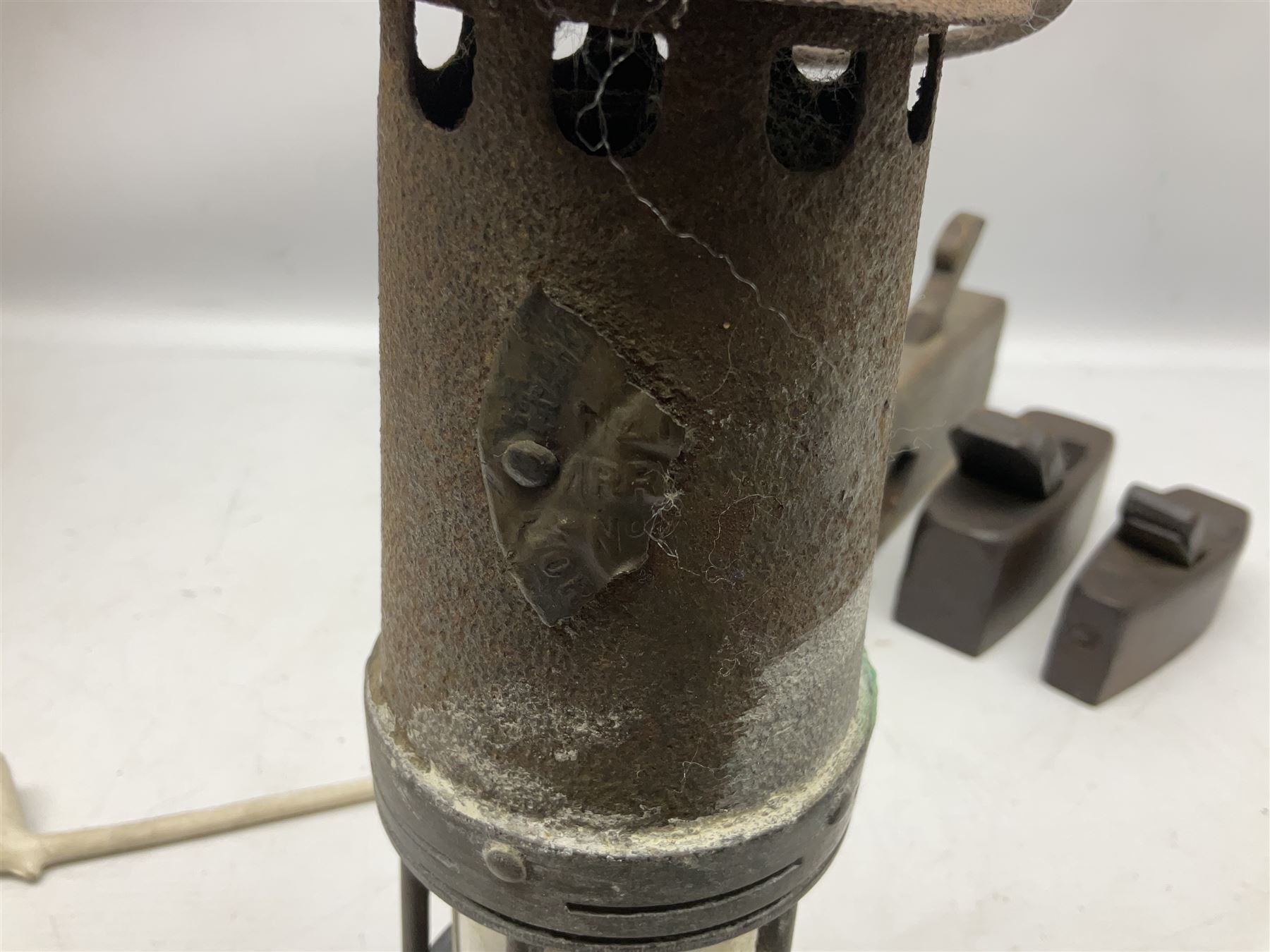 Pair of Lemaire Fabi of Paris mother of pearl opera glasses, together with Ajax 10 x 50 Ajax binoculars, four wooden planes, mining lamp and clay pipe 