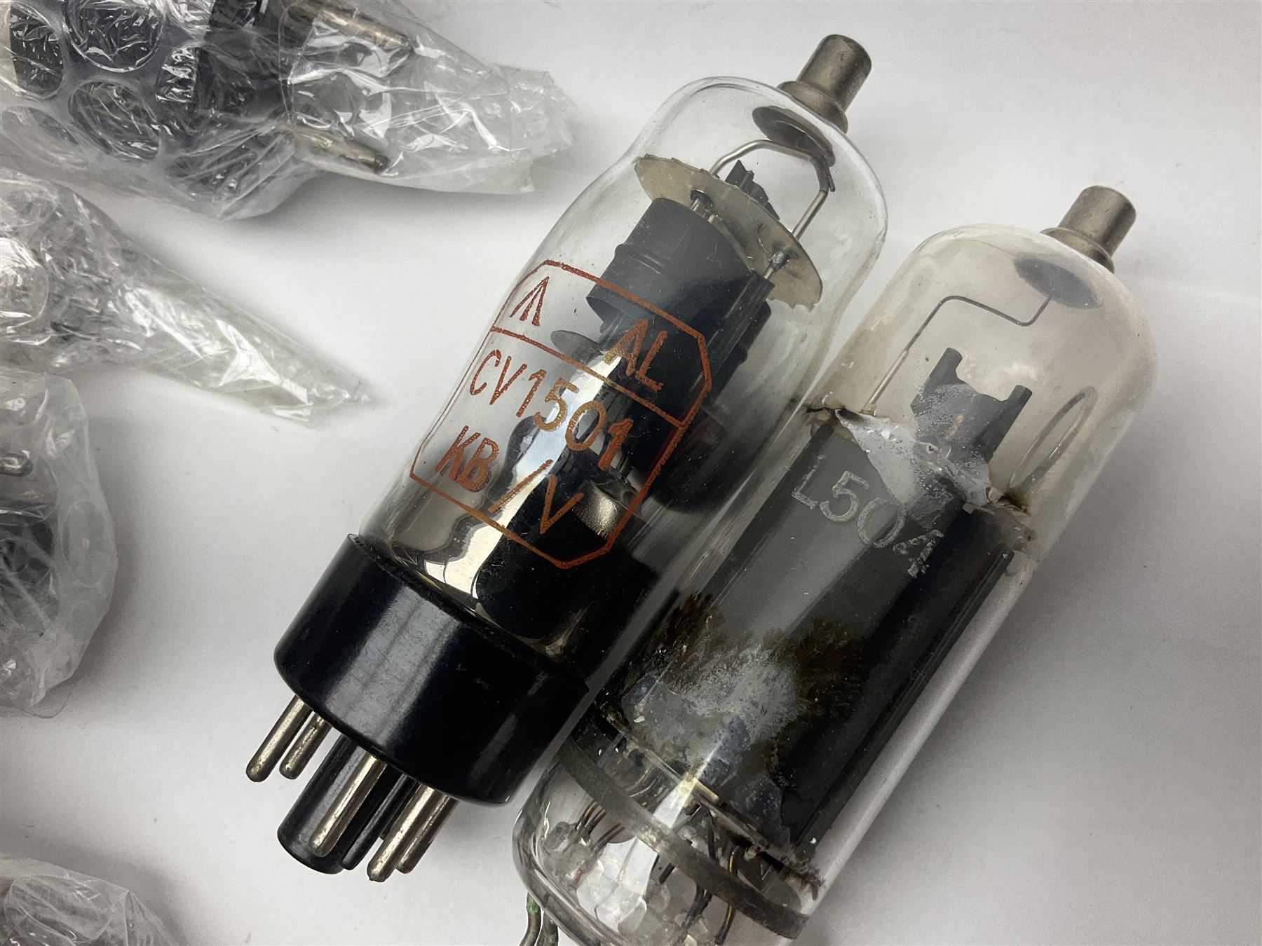 Collection of thermionic radio valves/vacuum tubes, of various makes and models, including PX4, U12, VR65 I0E/II446, PL504, CV1501 etc, approximately 60 as per list, unboxed