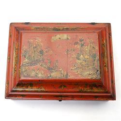Early 19th century red lacquered chinoiserie box, painted with a traditional landscape scene and heightened in gilt, with original metal fastenings and hinges, W29cm 