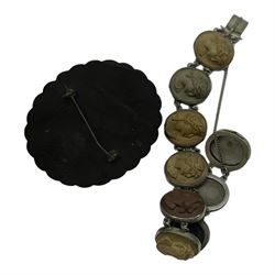 19th century lava bracelet, nine panels depicting female portrait busts and a vulcanite brooch depicting a bust portrait of a lady