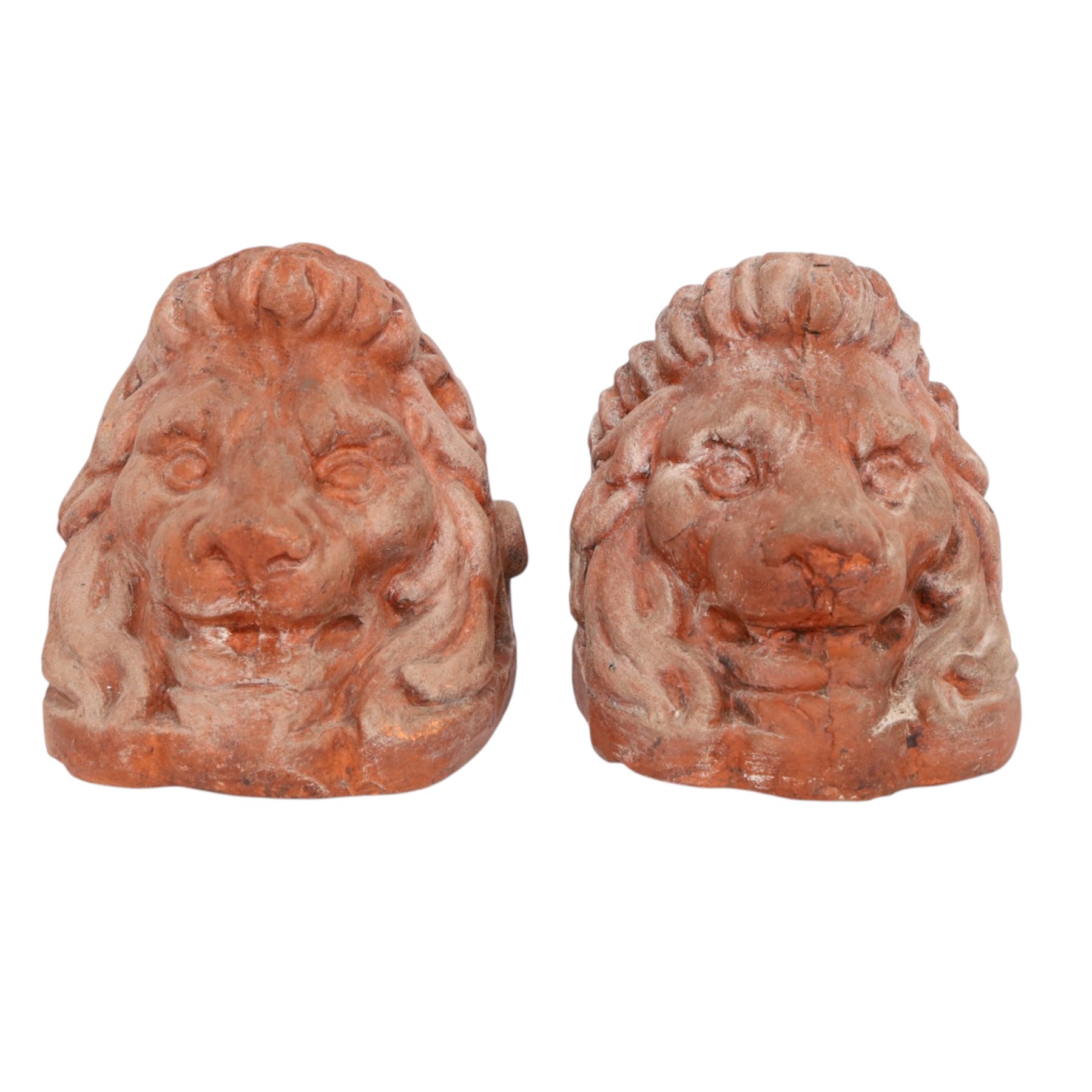 Pair of 19th century terracotta lion sash window rests, H18cm, L22cm