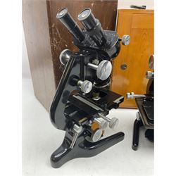 Three microscopes, comprising Ernst Leitz Wetzlar, W Watson & Sons service II no 125485, W Watson & Sons Bactil binocular no 115722, all boxed  