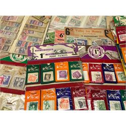 Collection of stamps including packets still mounted to the original shop cards, reading 'A Darracott Product Stamps 1d per pkt' etc, Countries include China, Spain, Argentina, Liberia, Denmark etc, in one box