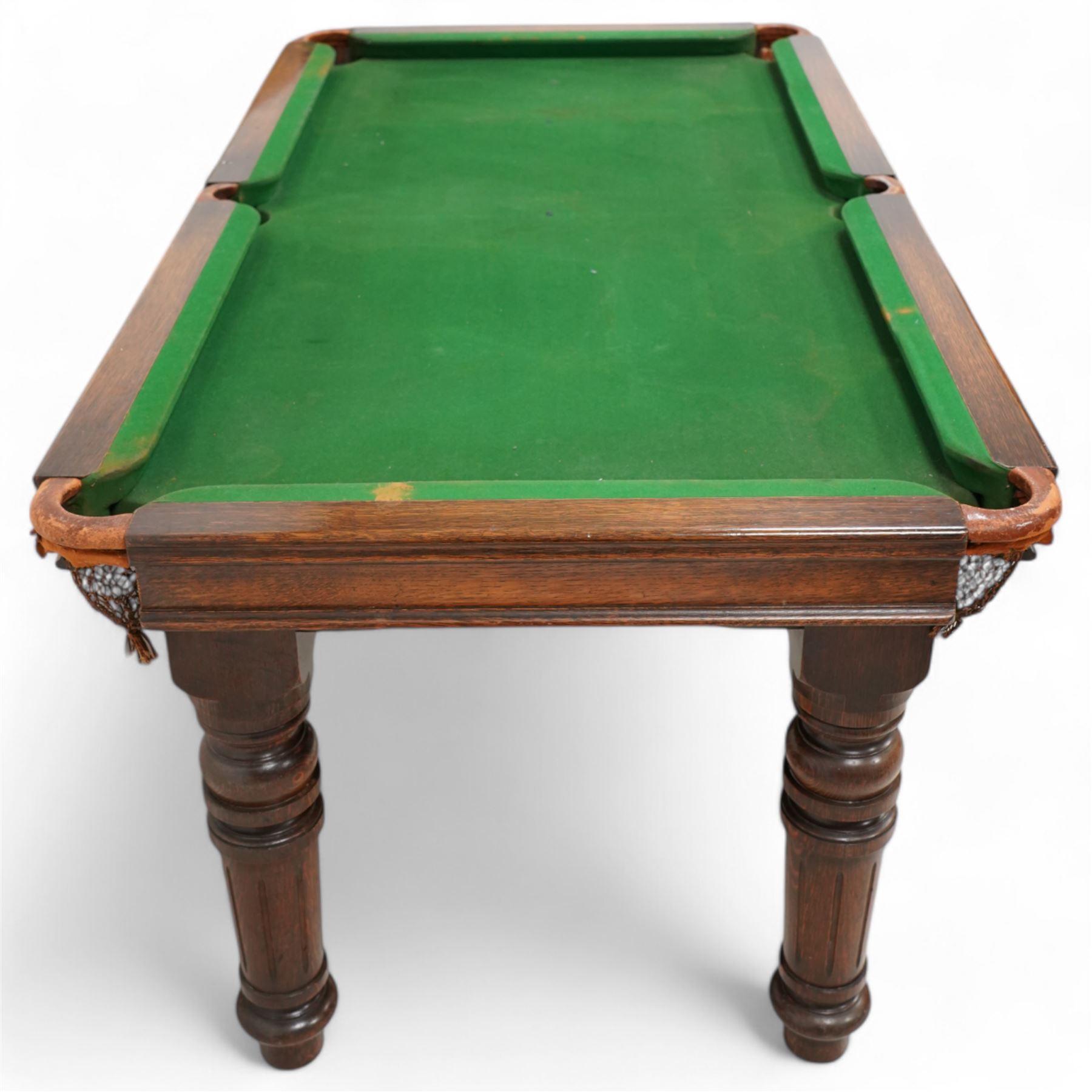 Riley - oak quarter size snooker table with dining table leaves, rise and fall top, on turned and fluted supports 