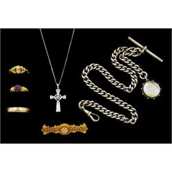 Victorian and later jewellery including 14ct gold pearl ring, gold diamond brooch, stamped 15ct, silver Albert chain, with Queen Victoria silver coin cased, gold wedding band and white gold diamond cross pendant necklace, both 9ct and an 18ct gold purple stone set ring