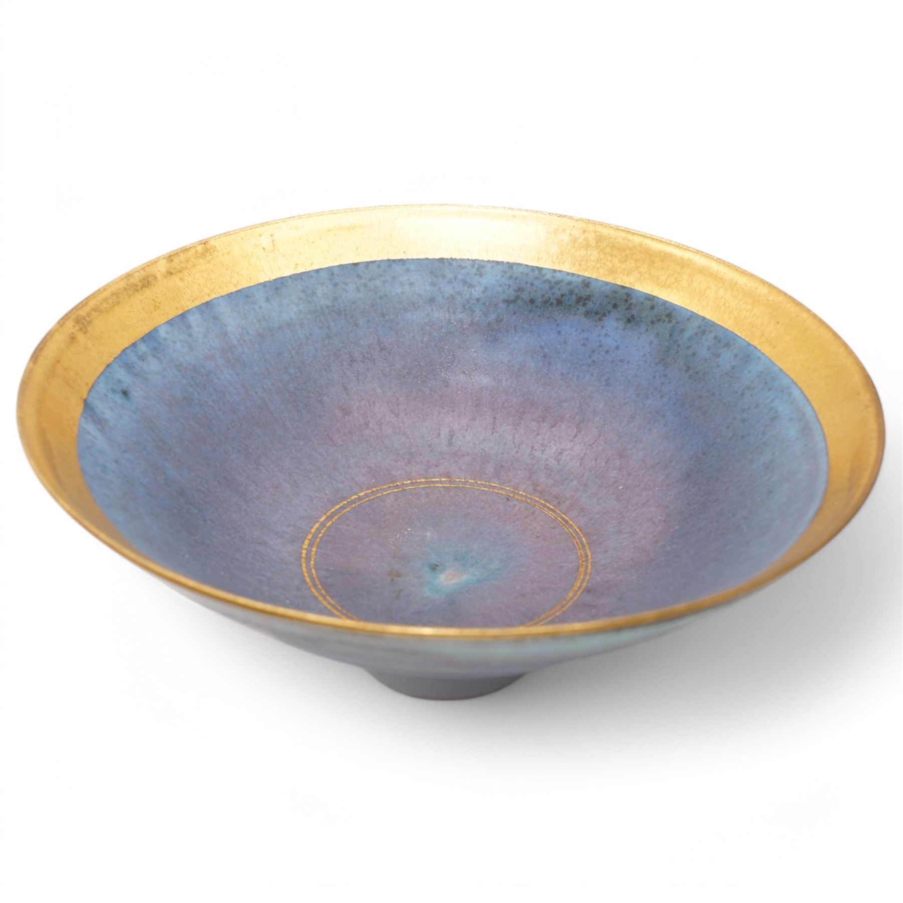 Mary Rich (1940-2022); three studio pottery footed bowls, in blue with gilt geometric decoration, impressed potters seal to base, largest D28cm (3)