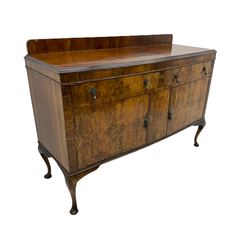 Early 20th century figured walnut bow front sideboard, fitted with two drawers and two cupboards