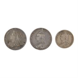 Two Queen Victoria silver one crown coins, 1889 and 1898, and a Queen Victoria 1890 silver...