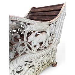 Pair of unusual Victorian revival heavy cast iron garden chair benches, ornate scrollwork detail with squirrels and nature, serpentine wood slatted seat and back - design by George Smith at the Sun Foundry, Glasgow