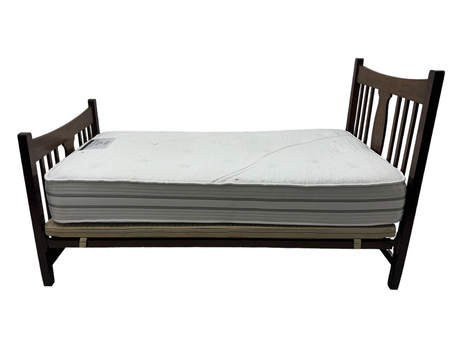 Edwardian inlaid mahogany 3' single bedstead, with headboard, footboard, wooden base and metal side supports; Giltedge 'Astrid 3000' pocket sprung mattress (L190cm, W104cm, D27cm)