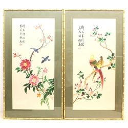 Chinese School (20th century): Birds on Branches, pair silk embroideries with character signatures 74cm x 34cm (2)