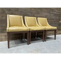 3 x walnut framed dining chairs, upholstered in a dark beige leather