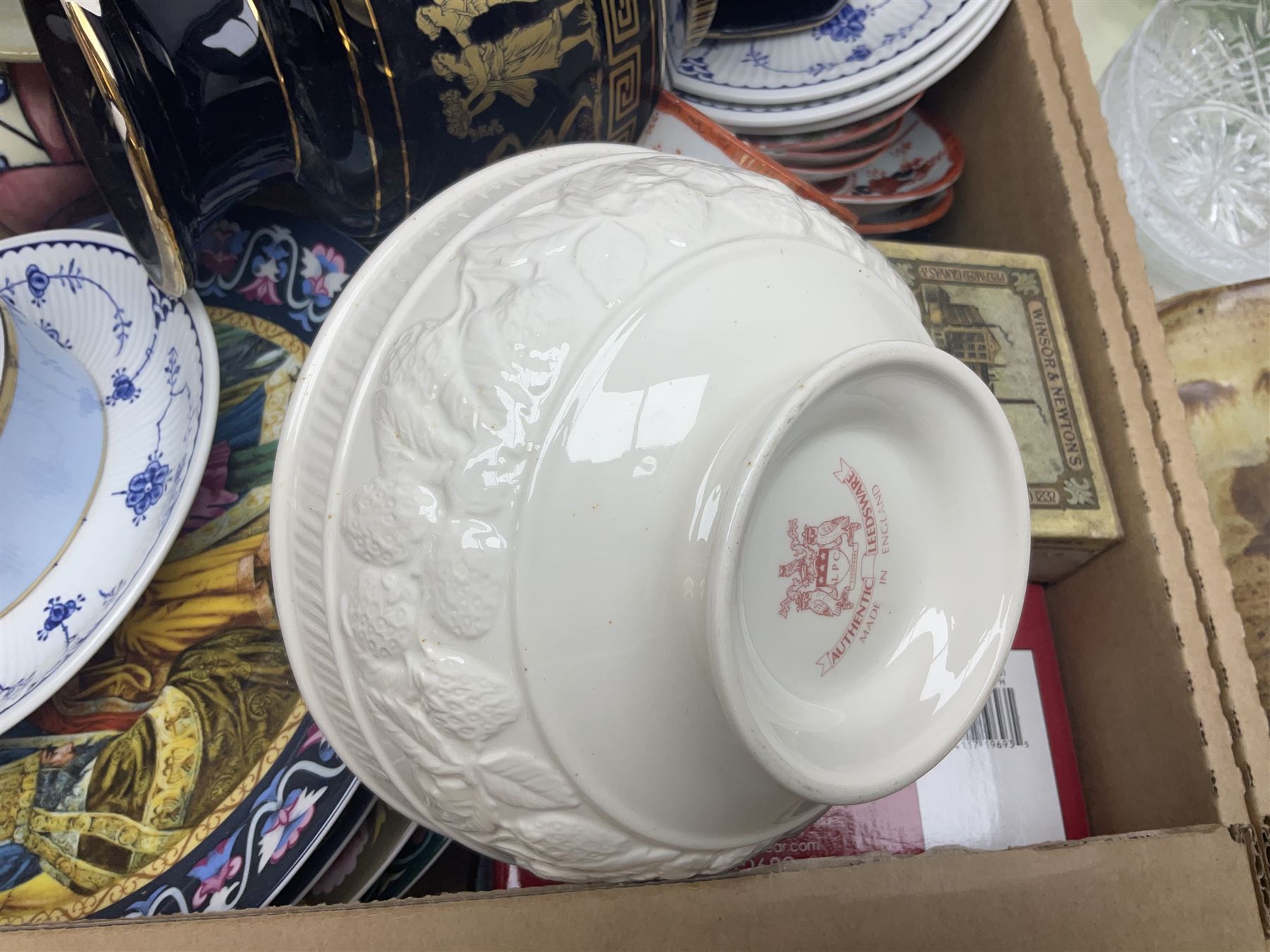 Masons and Furnival Denmark pattern blue and white tea wares, together with a Royal Worcester trinket box, Leedsware bowl and other ceramics and glassware, in four boxes