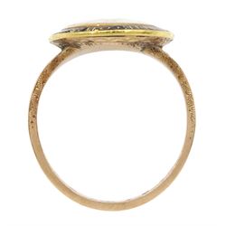 George III gold mourning ring, the bezel enclosing a lock of plaited hair under a reverse white painted urn glass panel, the black enamel border inscribed 'Sarah Stow Lundie OB 8 Apr 1780 AE 32'