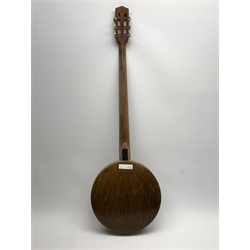 Five-string banjo by Geo. P. Matthew of Birmingham with segmented walnut back and sides, maker's stamp and incised former owner's name Sydney Lyn Muir, serial no.23259, L92cm