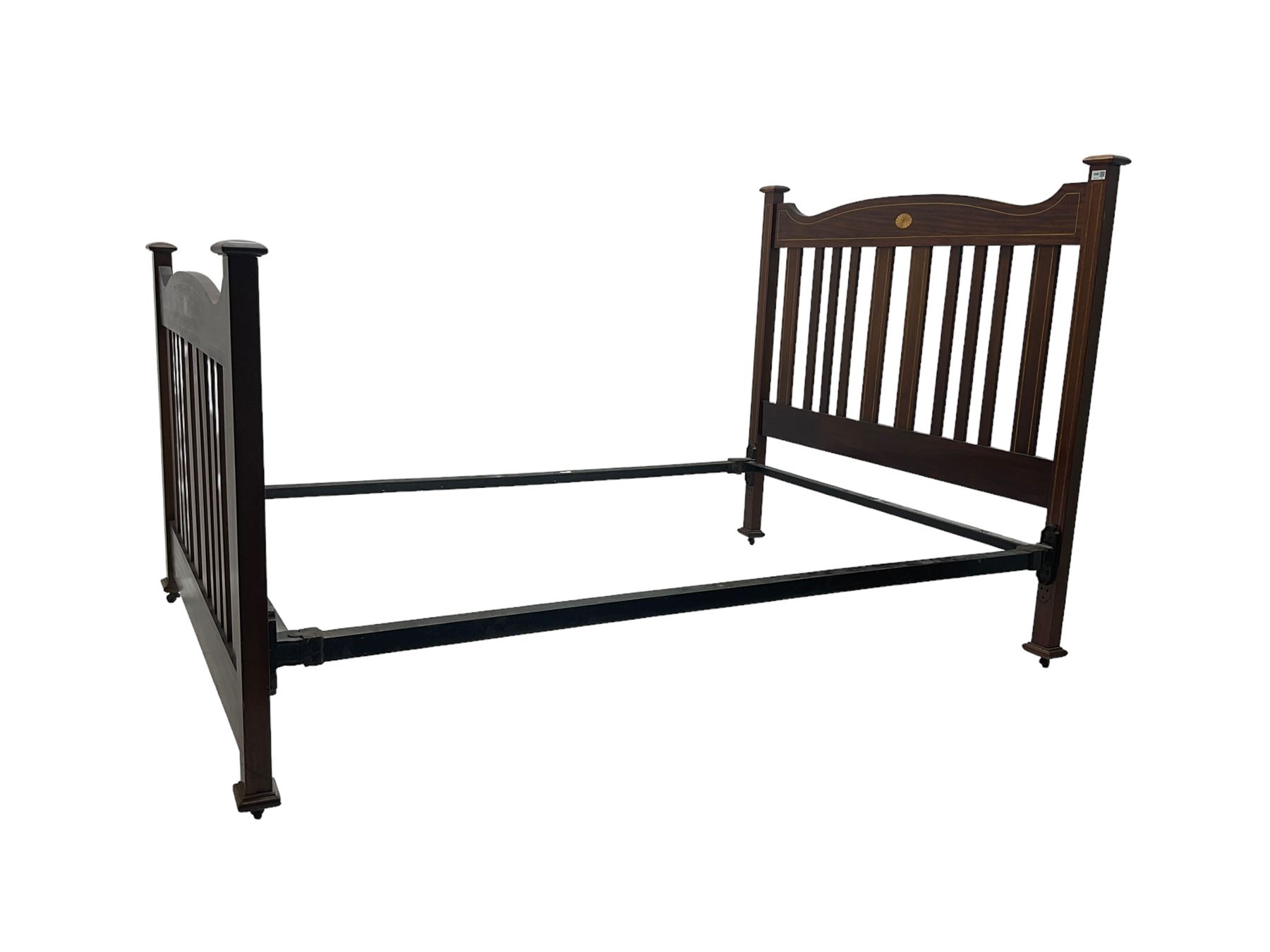 Edwardian inlaid mahogany double bedstead, headboard cresting rail with satinwood inlay shell and satinwood and ebony stringing
