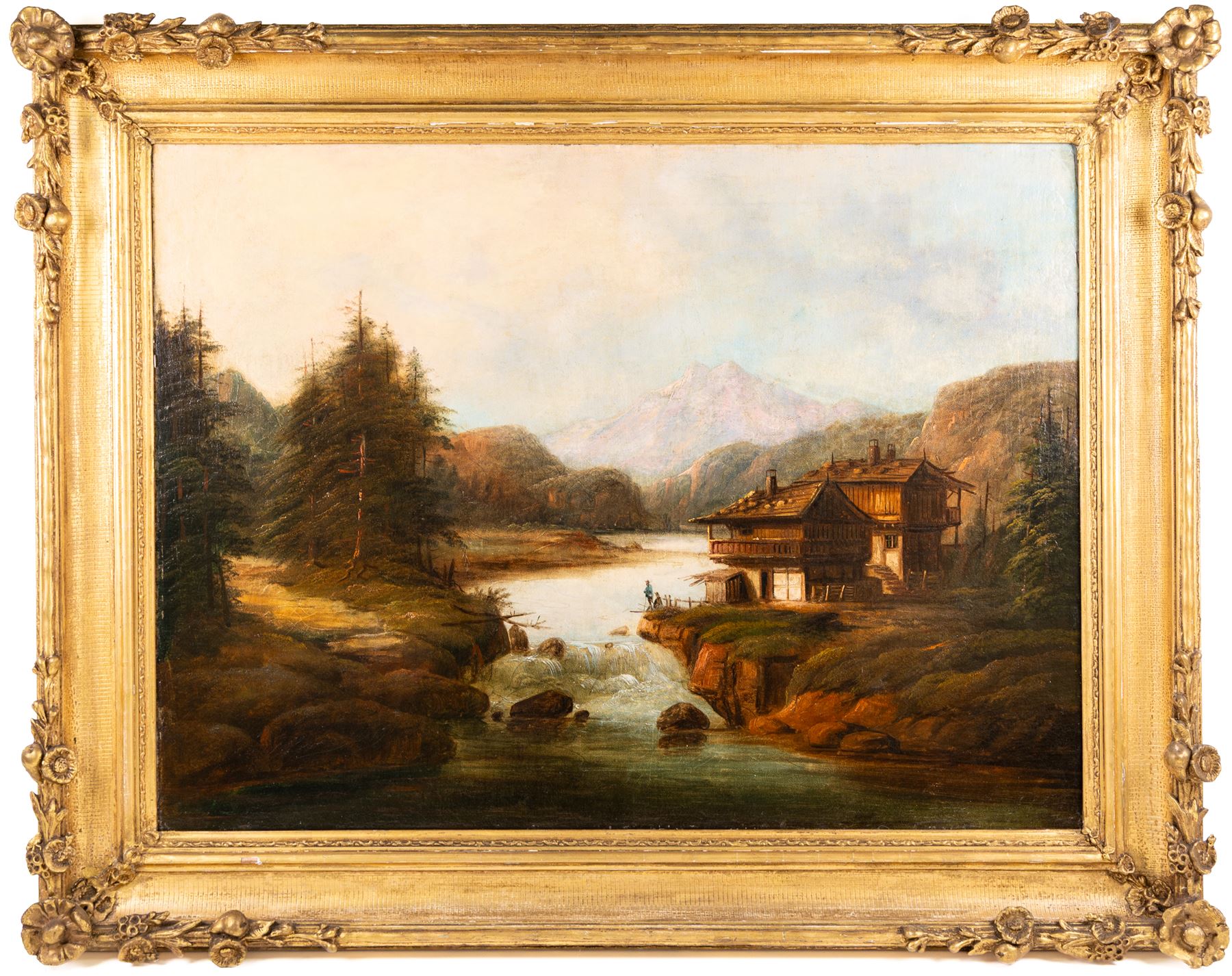 Continental School (19th century): German Alpine River Landscape, large oil on canvas in moulded gilt frame 66cm x 90cm