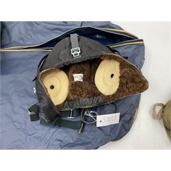 RAF Flight Lieutenant's uniform with peaked cap and WW2 ribbon bar; WW2 gas mask in blue canvas bag dated 1942; flying helmet date 1984; and British Army Major's uniform with Staybrite buttons and peaked cap