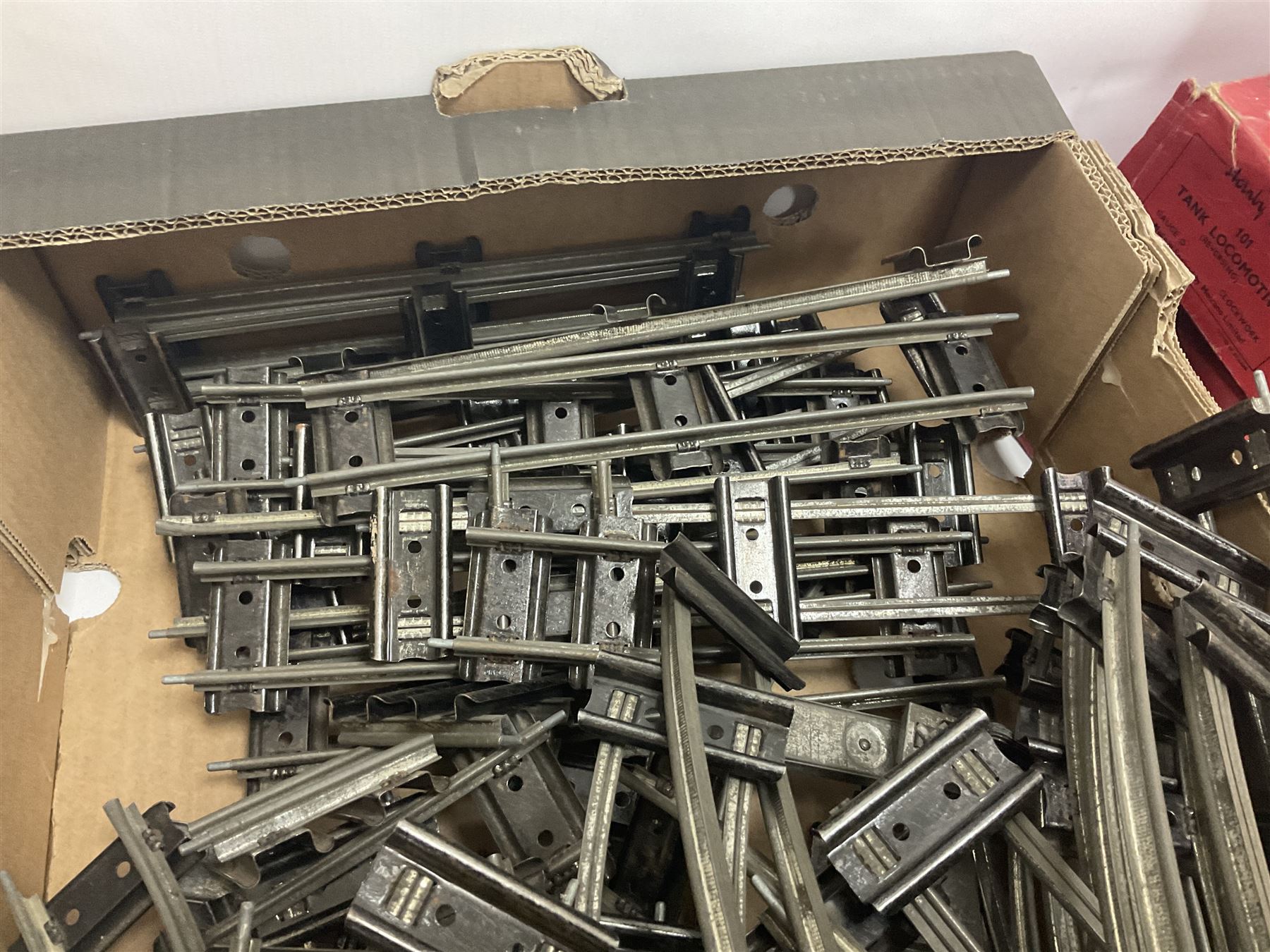 Hornby ‘0’ gauge - LNER 0-4-0 no.460 type 101 locomotive in green with key; further boxed ‘0’ gauge to include no.1 Crane Truck, no.2 single arm signals, open and closed goods wagons and cars; large quantity of track to include railway crossing, straight and curved track etc, in two boxes 