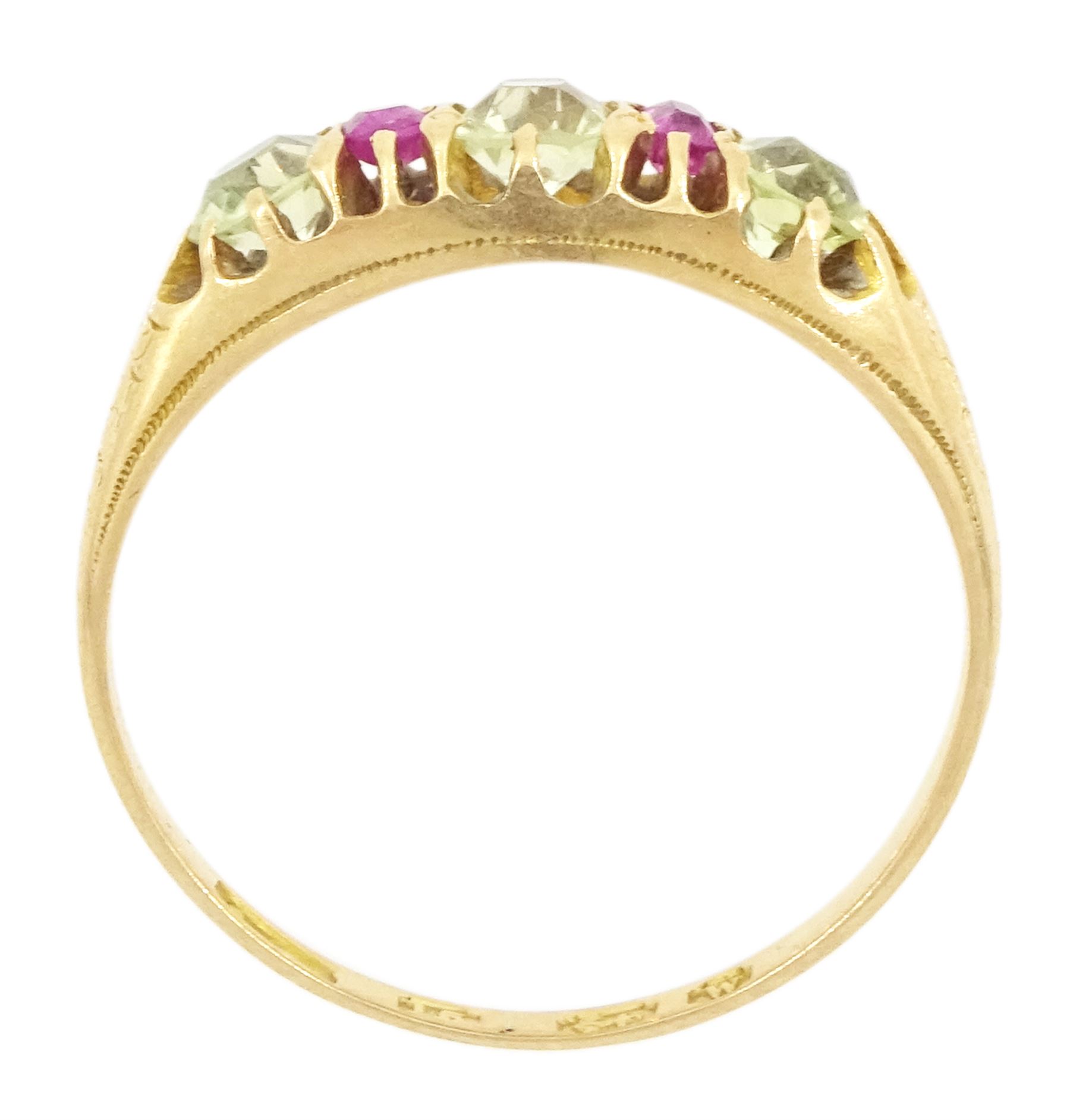 Victorian 15ct gold five stone chrysoberyl and ruby ring, Birmingham 1871