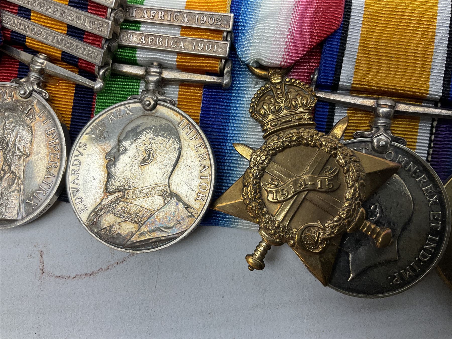 South Africa/WW1 Distinguished Service Order group of seven medals comprising D.S,O. with original ribbon bar and top bar slider, Queens South Africa Medal with three clasps for Defence of Kimberley, Orange Free State and Transvaal, Kings South Africa Medal with two clasps for South Africa 1901 & 1902 awarded to Capt. C.J. O'Gorman D.S.O. R.A.M.C., 1914-15 Star, British War Medal and Victory Medal with MID oak leaves awarded to Major (later Lt. Col.) C.J. O'Gorman D.S.O. R.A.M.C. and Kimberley Star 1899-1900; together with copies of research and biographical material