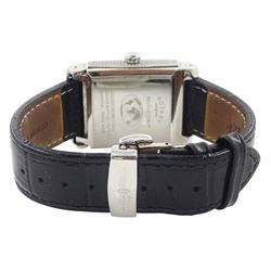 Rotary Revelation reversible night and day gentleman's stainless steel quartz wristwatch, silvered dial with Roman numerals, reversing to a second black dial with baton hour markers, both with subsidiary seconds dials, on original black leather strap, with fold-over clasp, boxed with guarantee dated 2008