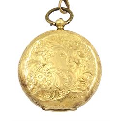 19th century 18ct gold open face key wound cylinder fob watch, gilt dial with Roman numerals, back case with engraved decoration, stamped 18K, with 9ct gold watch chain stamped