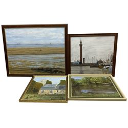 JAP (20th century): Shipping in the Humber & Grimsby Docks, two oils on board initialled and dated '89; Church and River scene by another hand, oils 50cm x 62cm diminishing (4) 